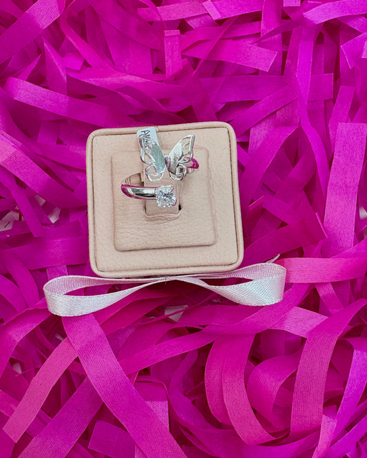 Anillo ajustable mariposa con circon (rojo,blanco) - plata