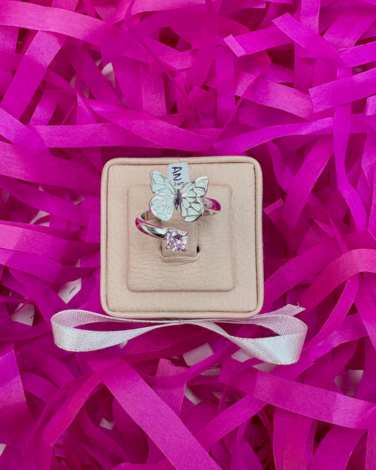 Anillo ajustable mariposa con circon alas tupidas (rosado, blanco) - plata
