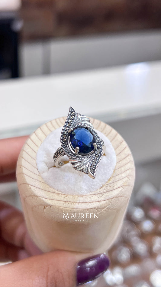 Anillo marquesita ovalado zafiro - Plata