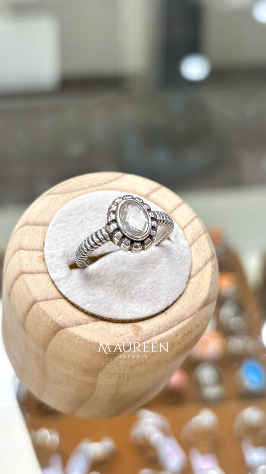 Anillo circon oval -  Plata quemada
