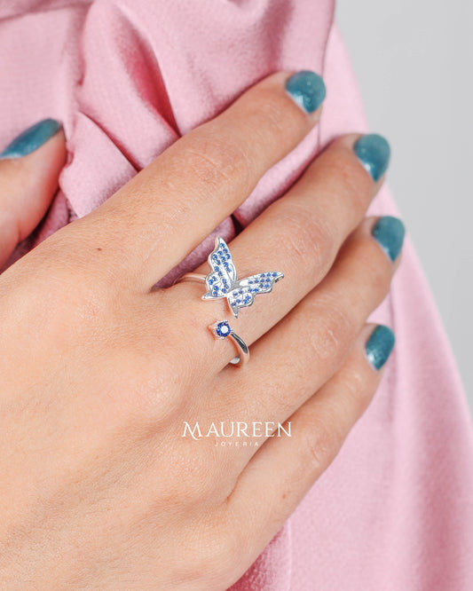 Anillo ajustable mariposa con circones azules - Plata