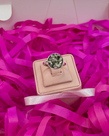 Anillo ajustable piedra pirita (corazon, circular) - plata