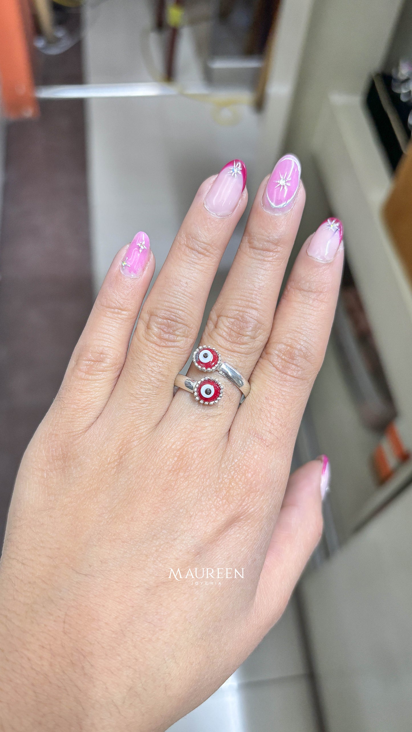 Anillo ajustable dos ojos turcos capuchon - plata