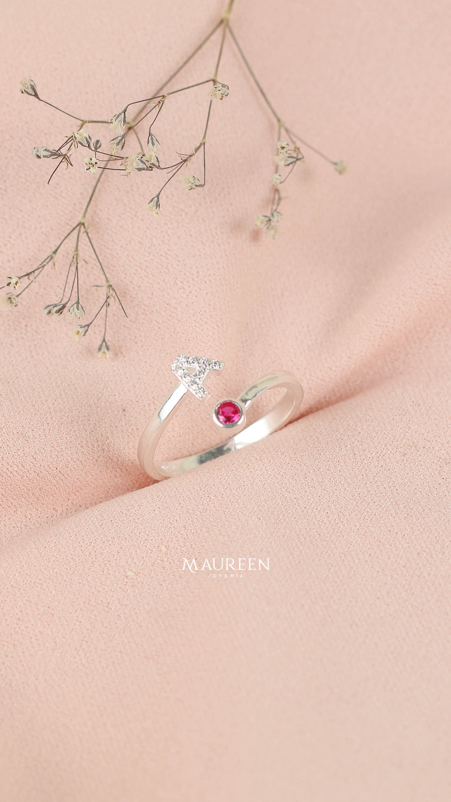 Anillo ajustable letras con punto de luz - Plata