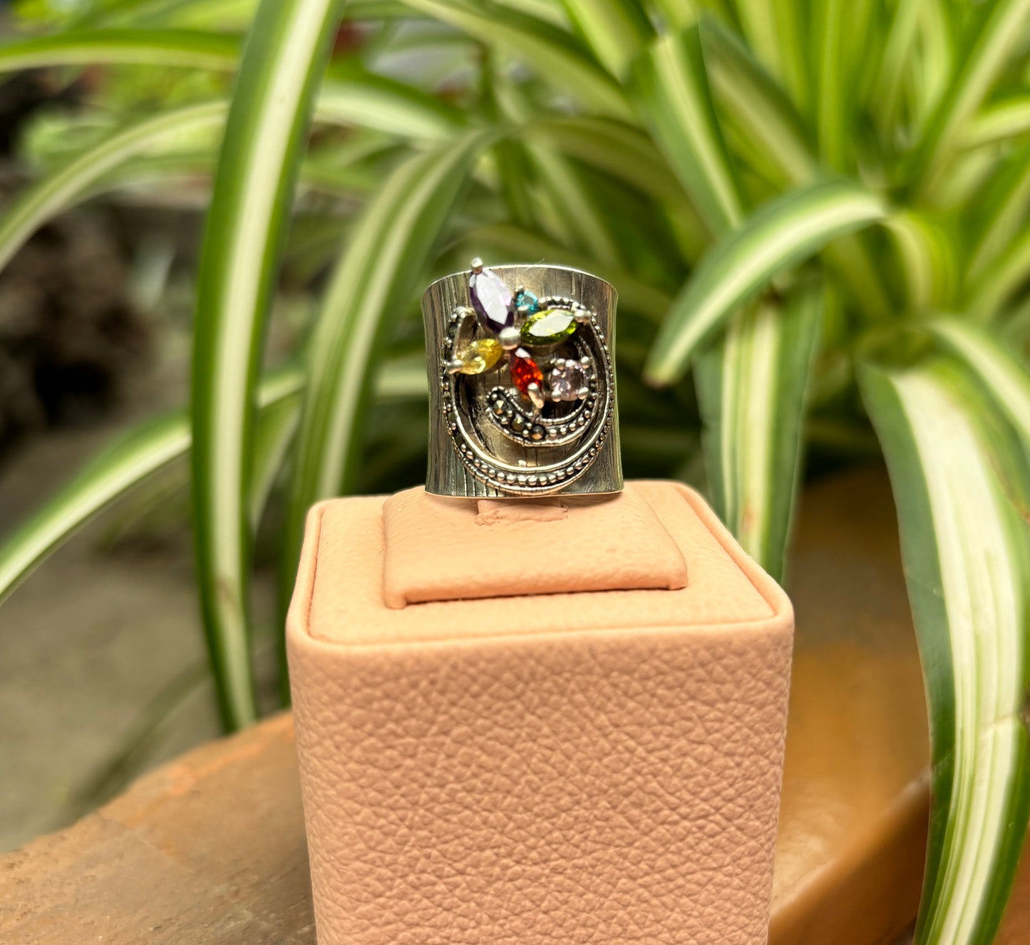 Anillo marquesita flor con 4 circones - Plata
