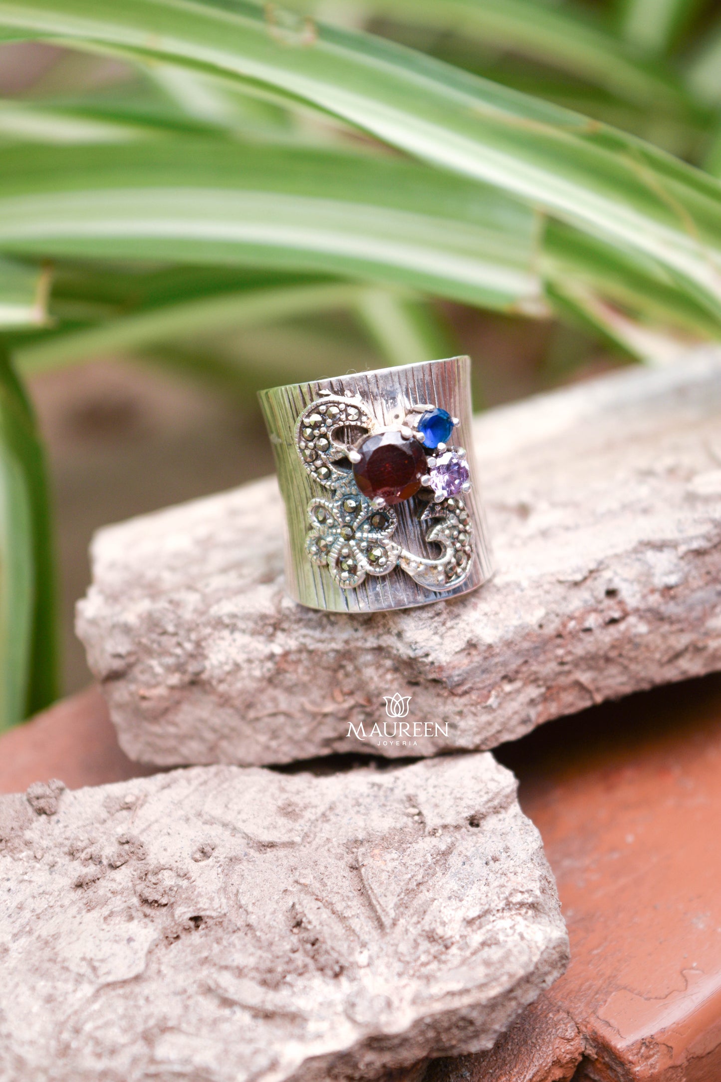 Anillo marquesita luna y flor con 3 circones - Plata