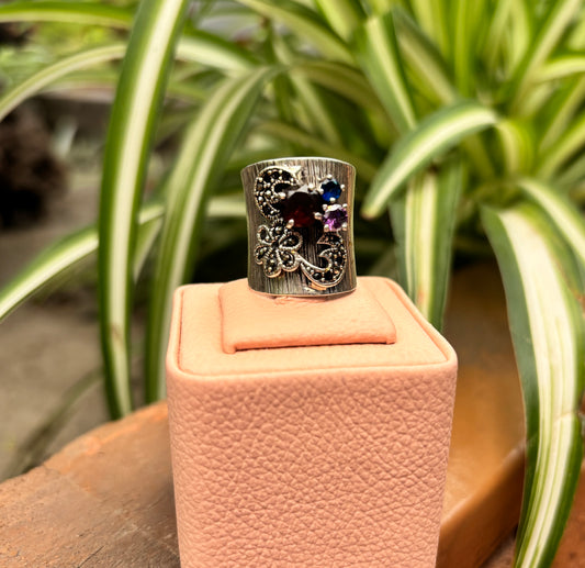Anillo marquesita luna y flor con 3 circones - Plata