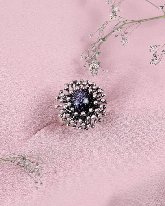 Anillo puntos con piedra central- Plata quemada