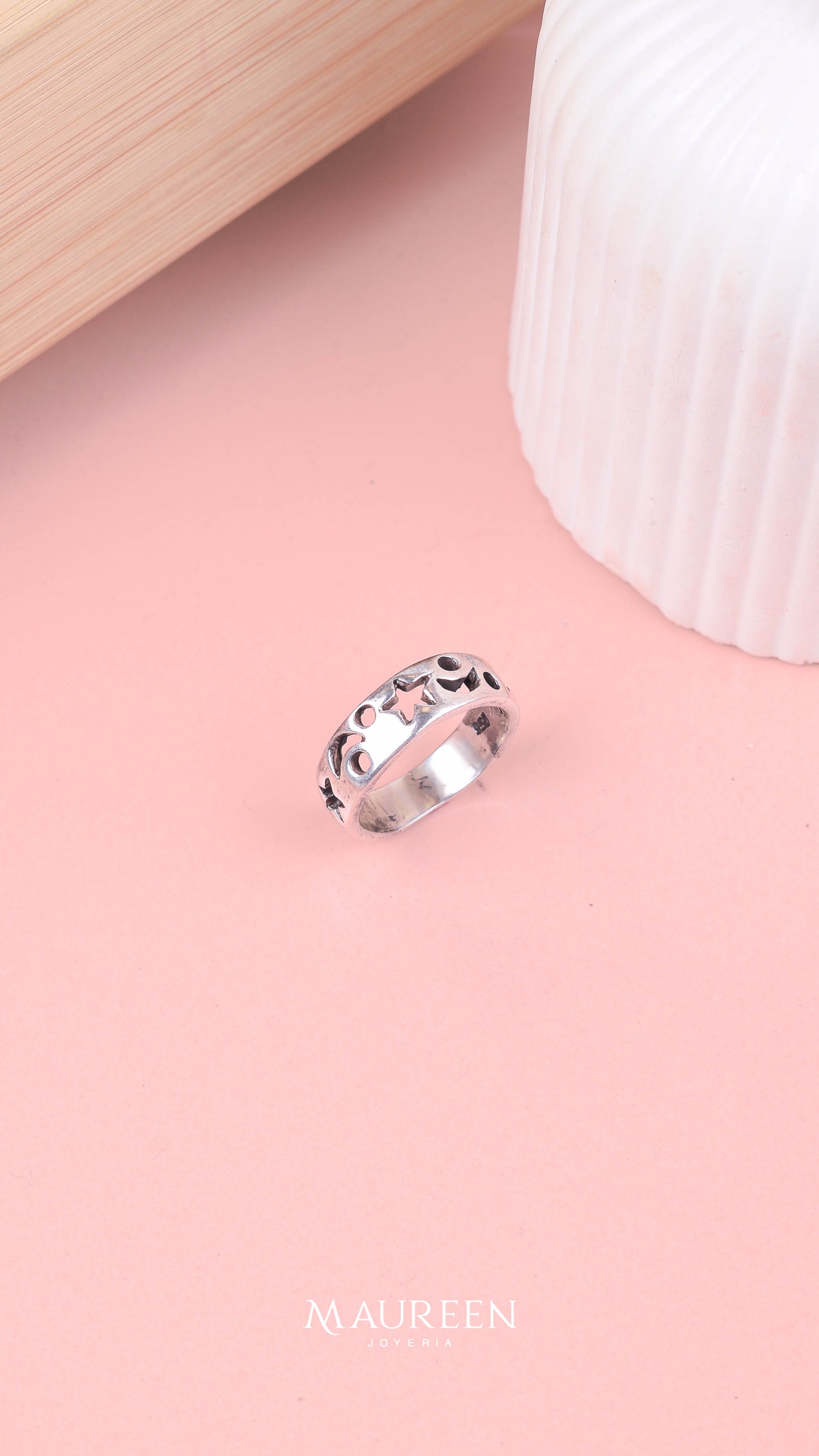 Anillo estrella luna plata quemada   - plata