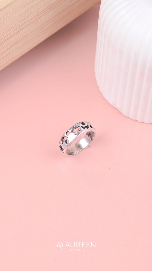 Anillo estrella luna plata quemada   - plata