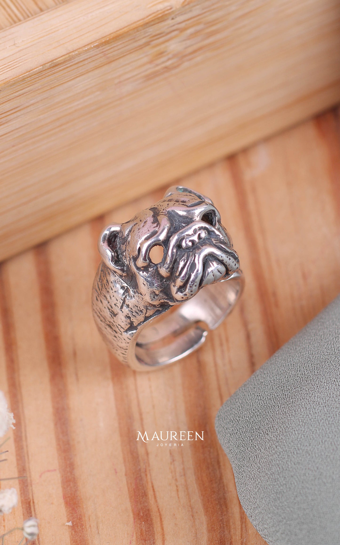 Anillo Bulldog ajustable  hombre plata quemada - plata