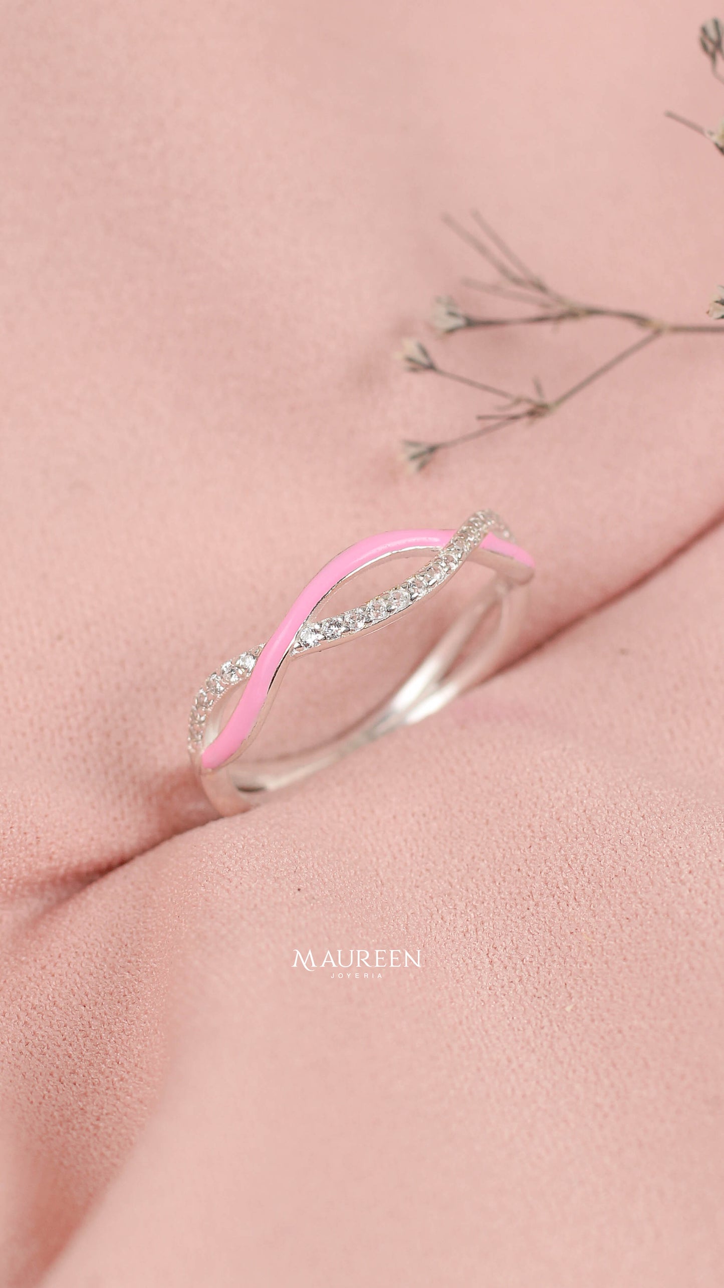 Anillo 5 ondas esmaltado rosado y con circones - plata