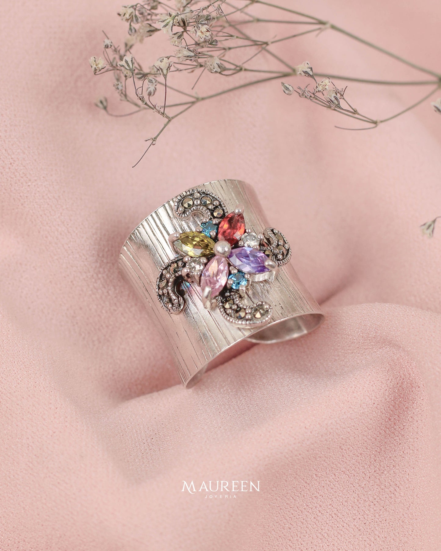 Anillo chunky flor espiral marquesita-  Plata