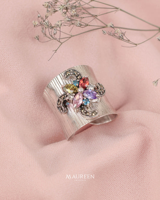 Anillo chunky flor espiral marquesita-  Plata