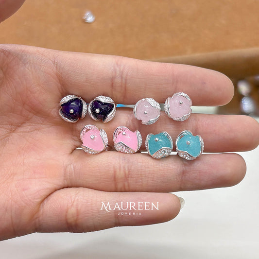 Arete piedra natural con petalos en punta - Plata