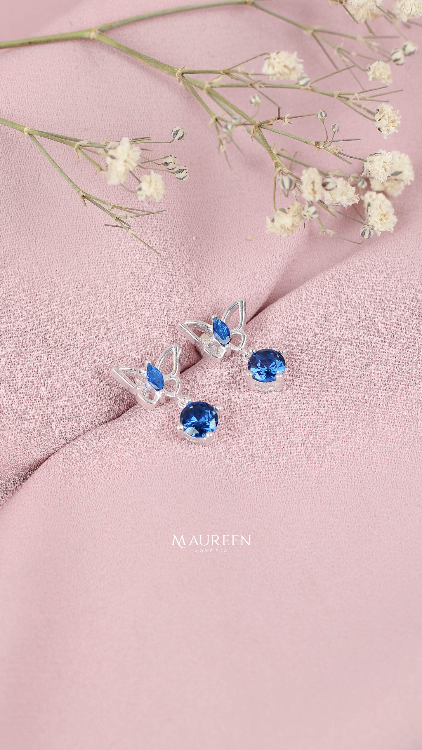 Arete mariposa con zafiro y colgante de zafiro - Plata