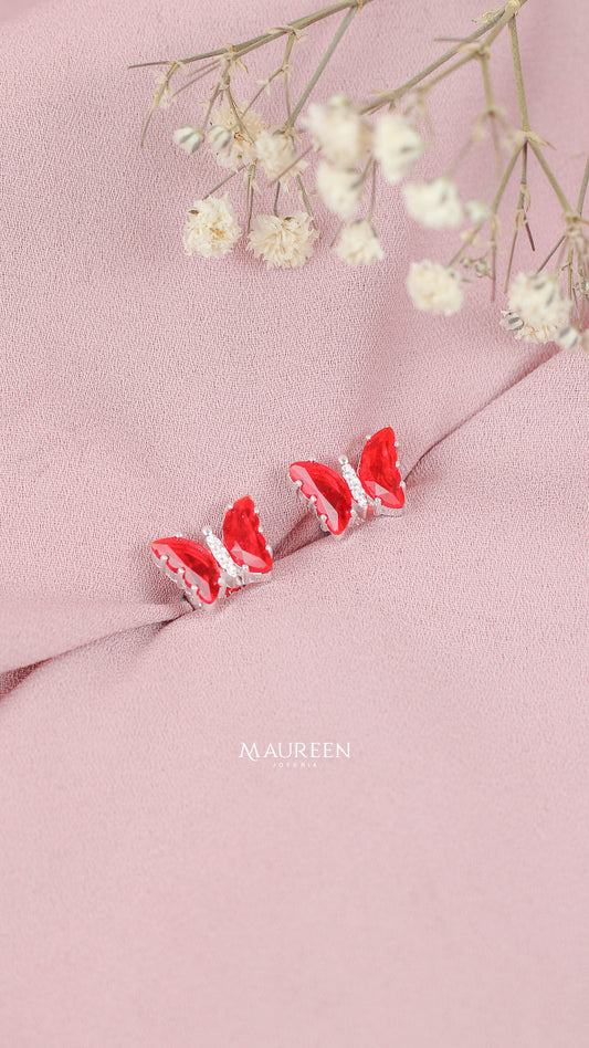 Arete mariposa rubi en alas pegados - Plata