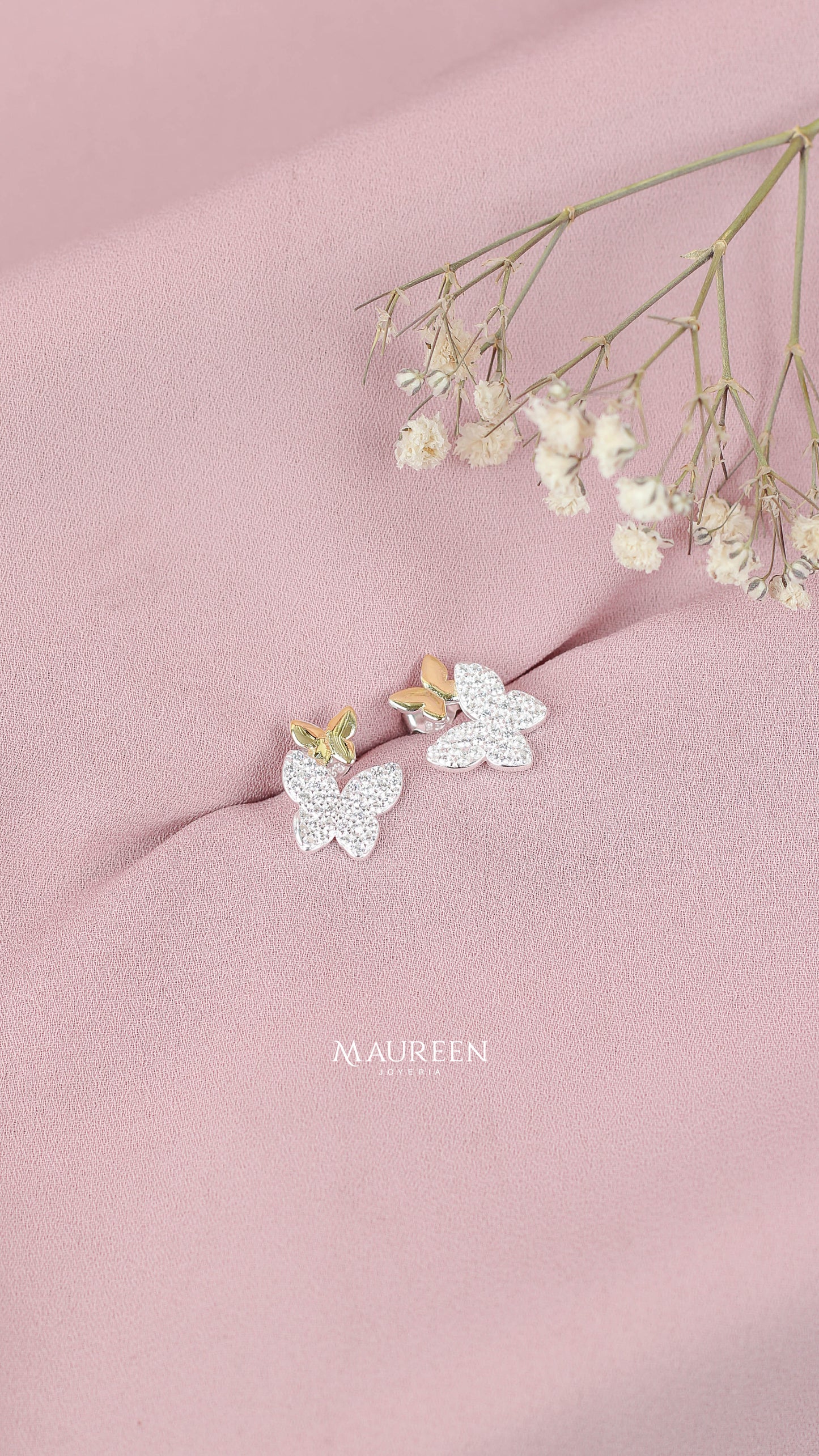Arete mariposa doble con circones - Plata/Oro