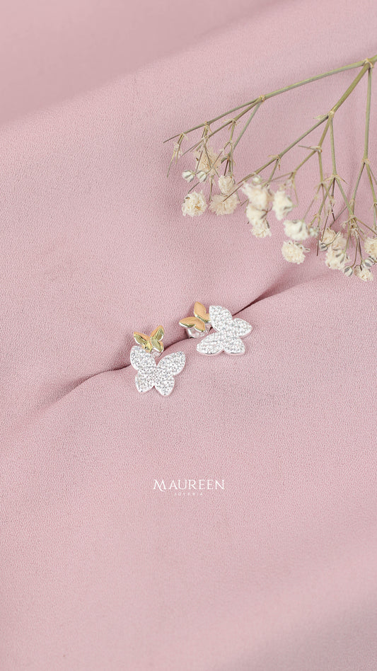 Arete mariposa doble con circones - Plata/Oro