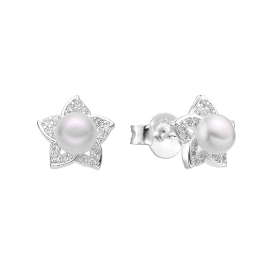 Arete flor con perla - Plata