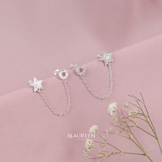 Arete piercing doble hueco con circones  - Plata