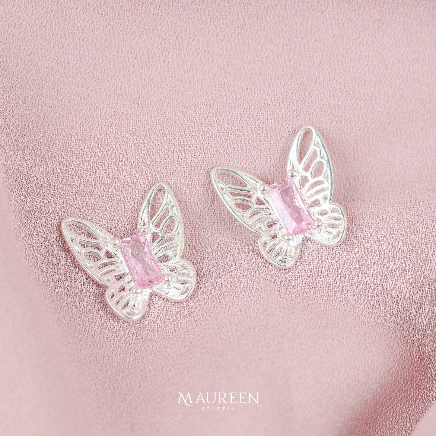 Arete mariposa calado circon rectangular rosado - Plata