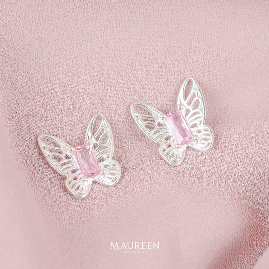 Arete mariposa calado circon rectangular rosado - Plata