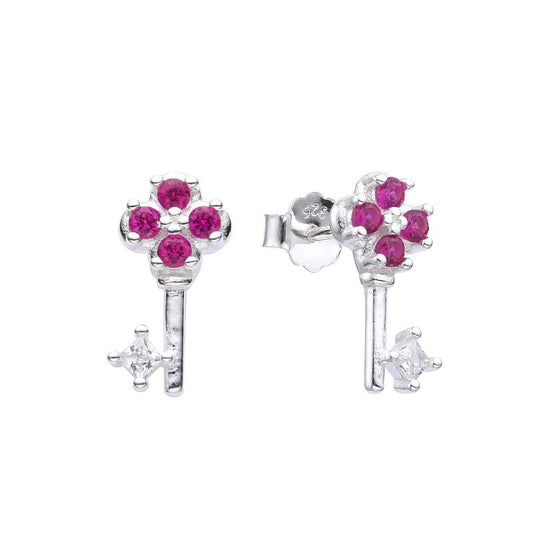 Arete llave diseño flor fucsia - Plata