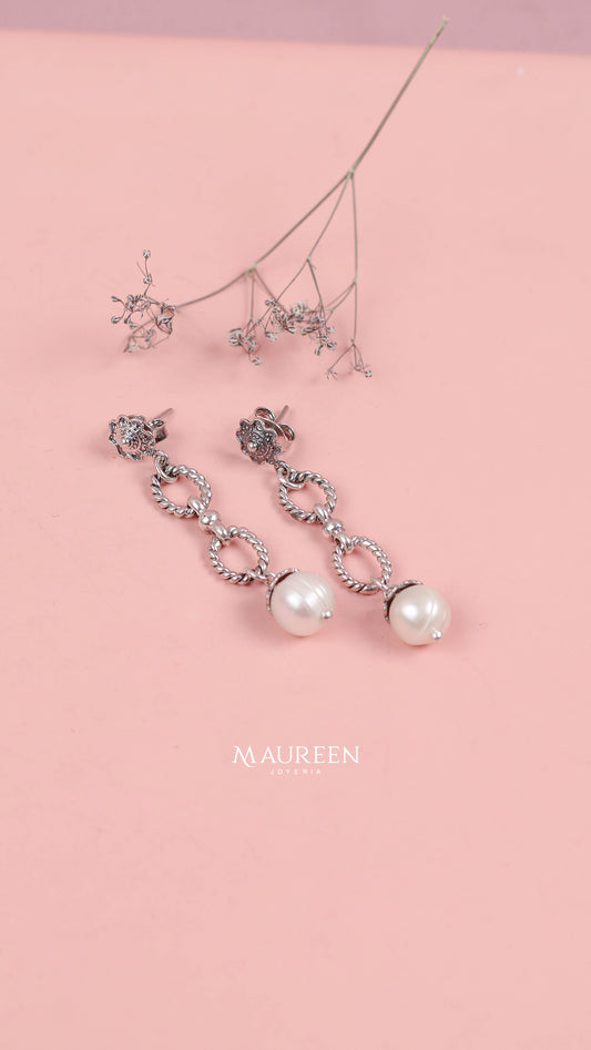 Arete perla colgante - Plata quemada