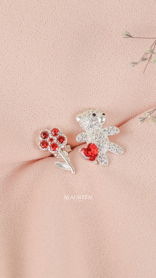Arete  oso con circon y flor circon rubi - Plata
