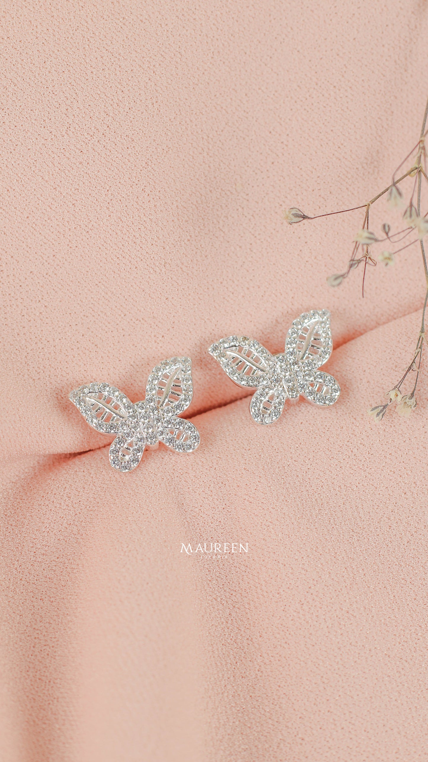 Arete mariposa alas tipo hoja con circones - Plata