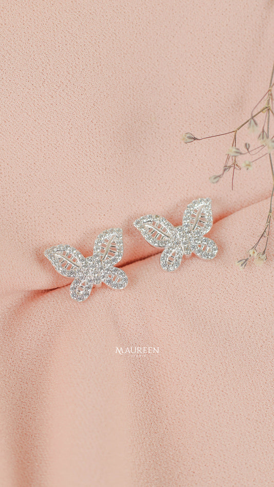 Arete mariposa alas tipo hoja con circones - Plata