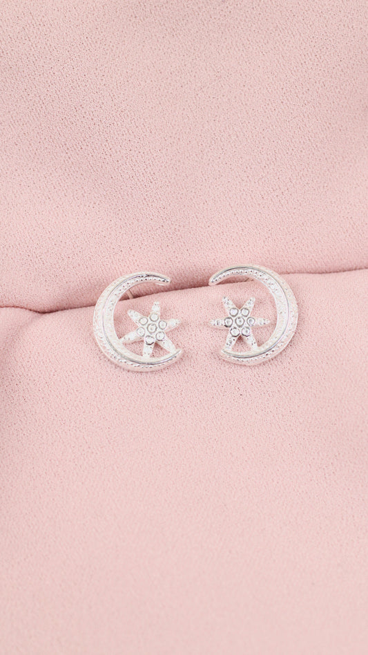 Arete luna y estrella pegado - Plata