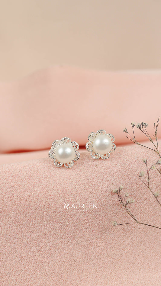 Arete flor filigrana con perla pegado - Plata