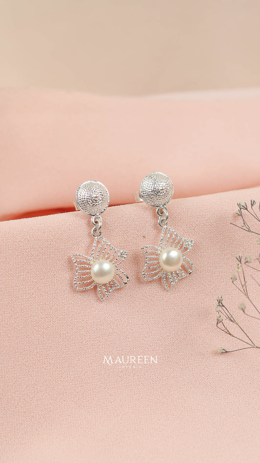 Arete flor filigrana con perla colgante - Plata