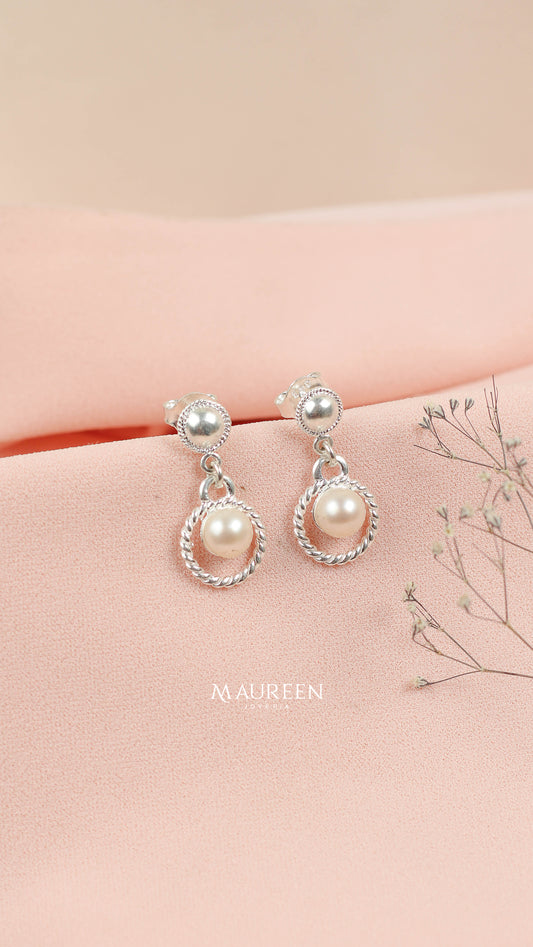 Arete aro filigrana con perla poste colgante - Plata