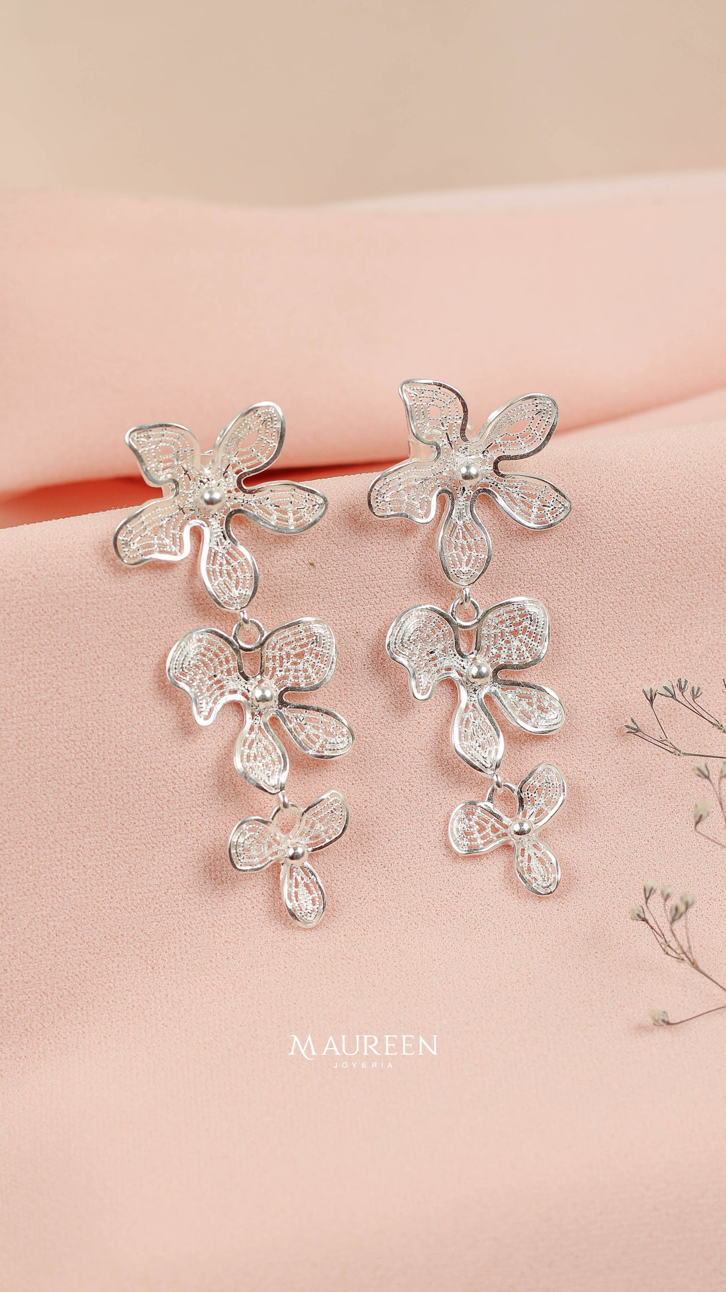 Arete flor filigrana colgante poste - Plata