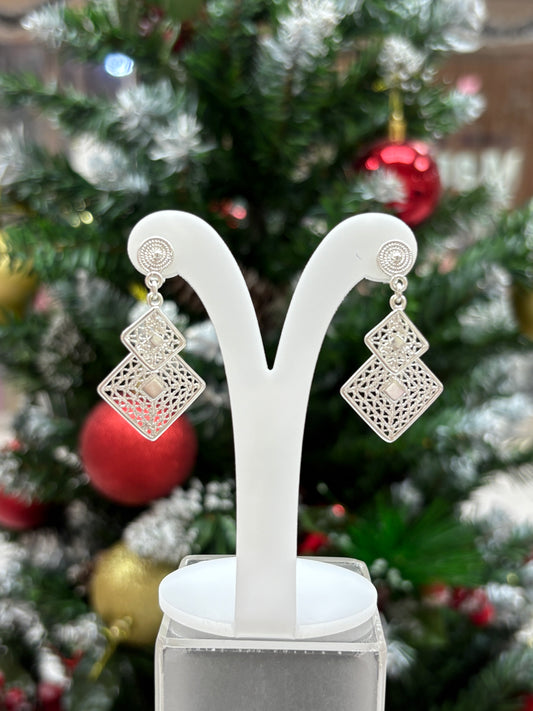 Arete filigrana rombo colgante poste - Plata