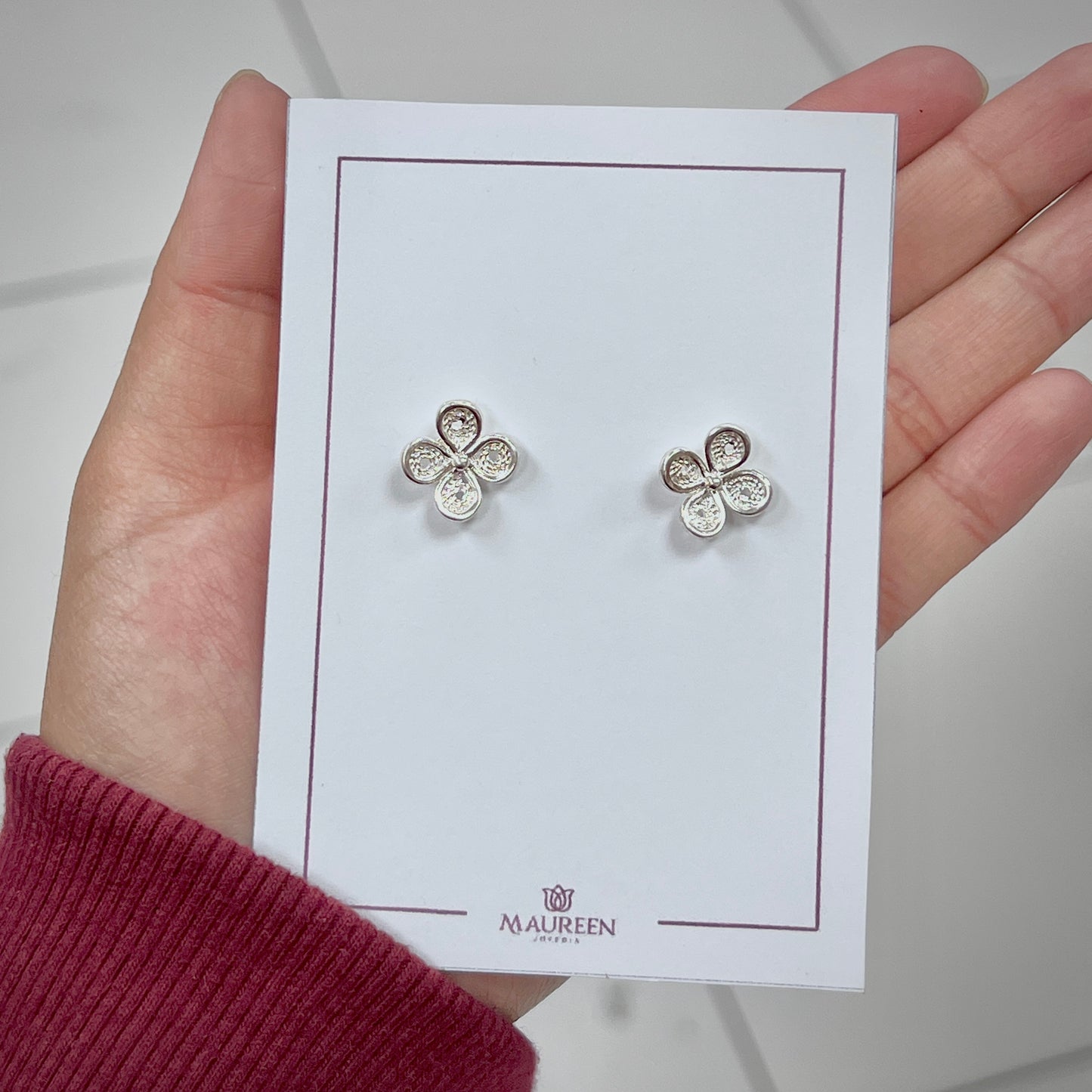Arete flor cuatro petalos filigrana pegado - plata