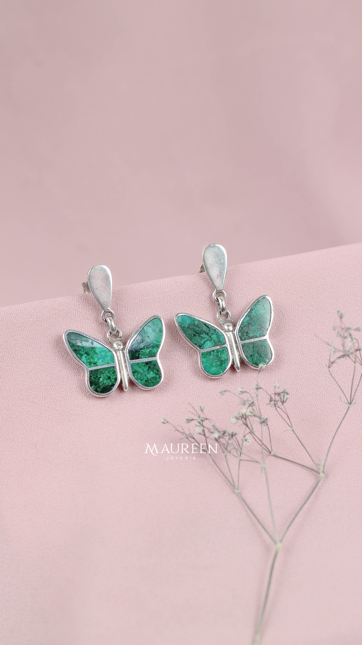 Arete mariposa con piedra natural malaquita  - Plata