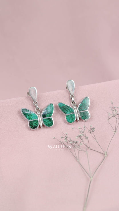 Arete mariposa con piedra natural malaquita  - Plata