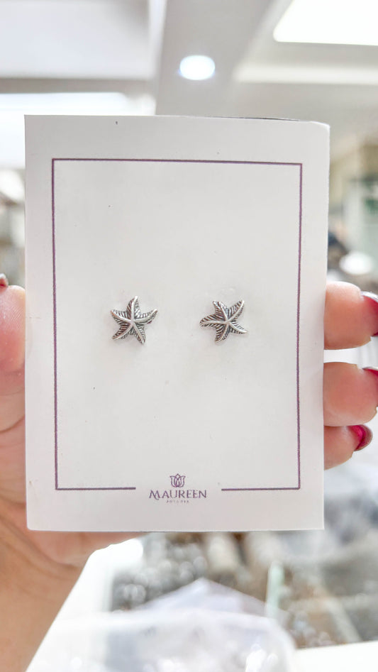 Arete estrella de mar con rayas plata quemada pegado  -   Plata