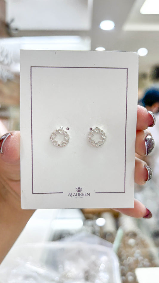 Arete circular contorno corazones y circulos calados pegado   -   Plata