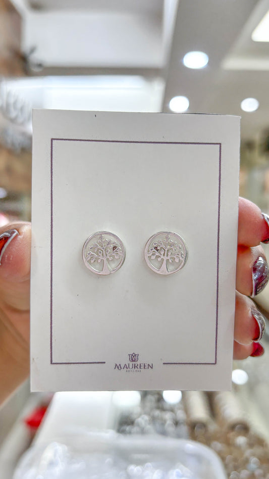 Arete circular con arbol de la vida en el interior pegado   -   Plata