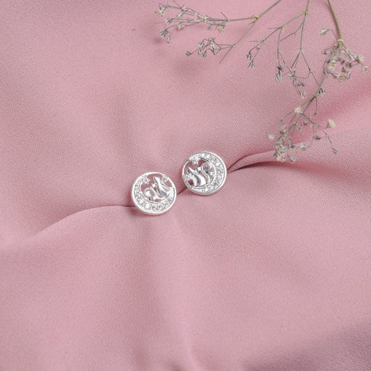 Arete luna y gato con circones  - Plata
