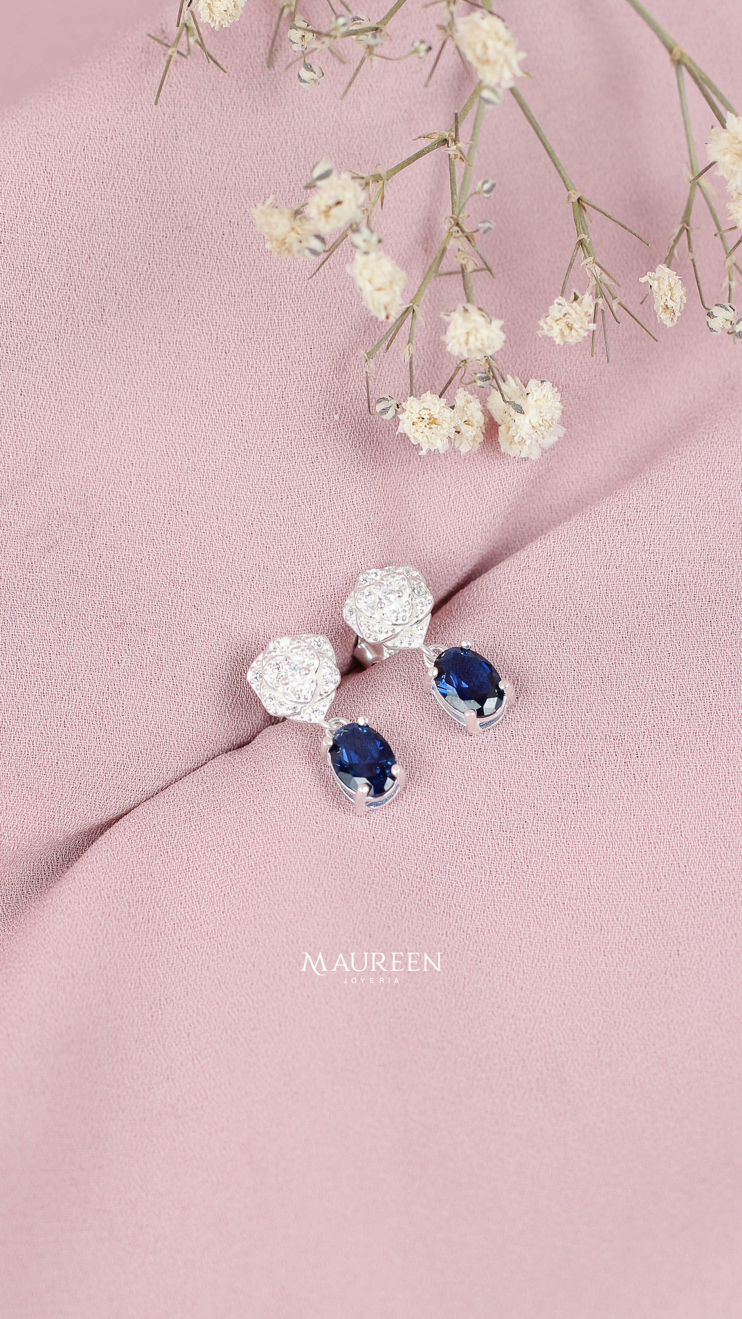 Arete rosa con circon zafiro  - Plata