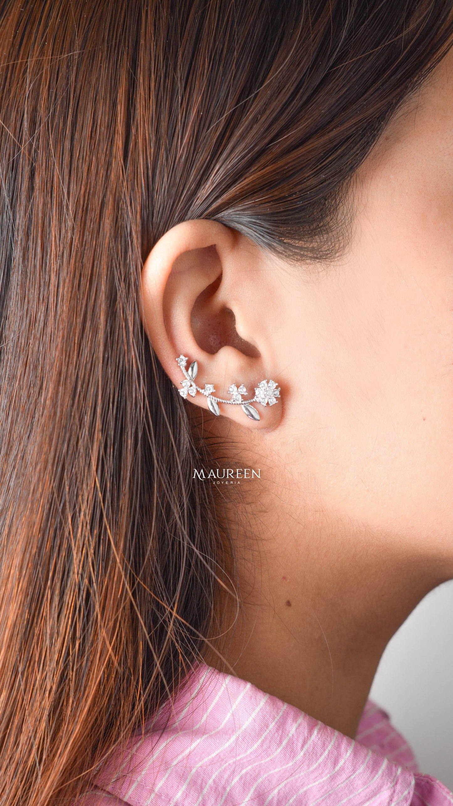 Arete trepador rosas, hojas separadas - Plata