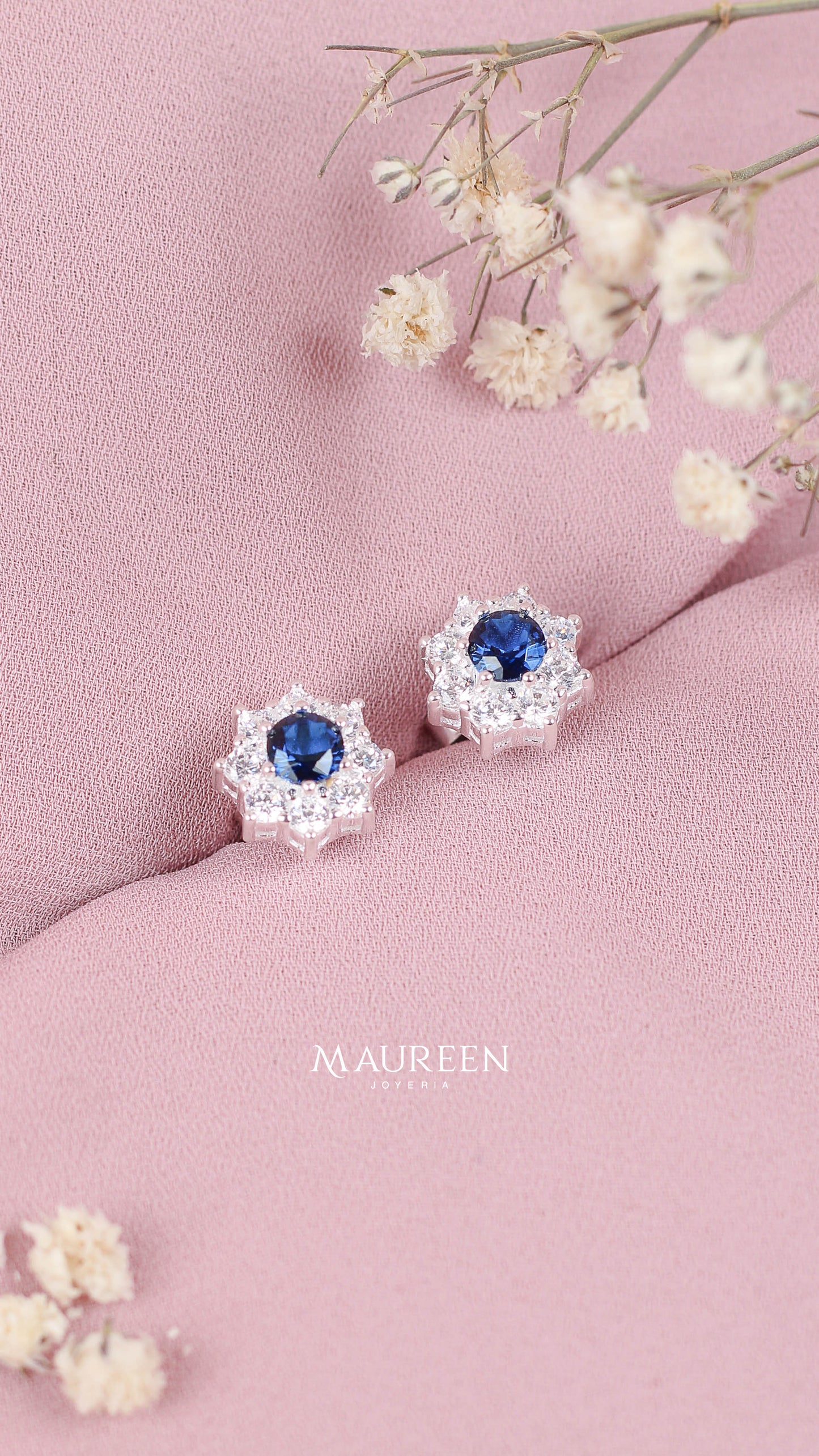 Arete flor circones zafiro - Plata
