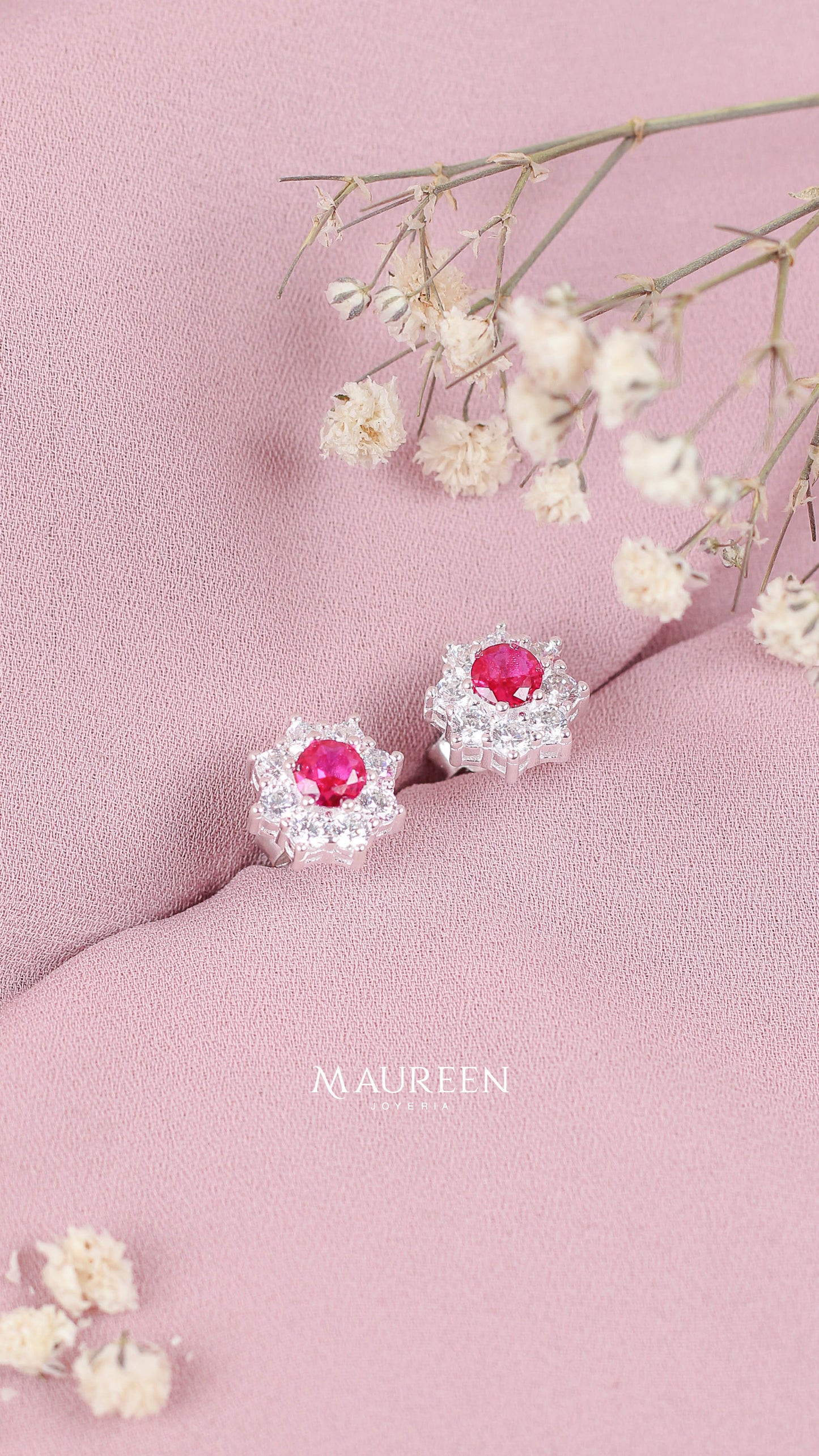 Arete flor roseta piedra rubi pegado- Plata