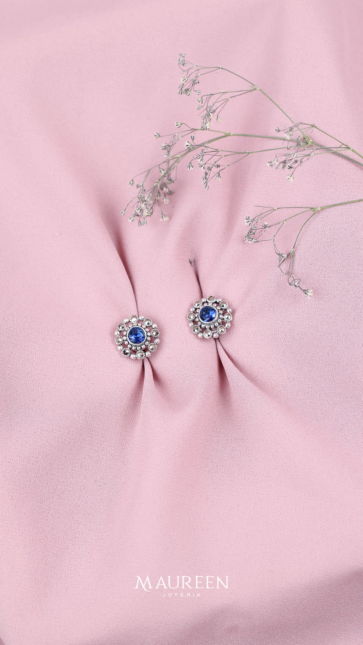 Arete marquesita mandala con piedra zafiro - Plata
